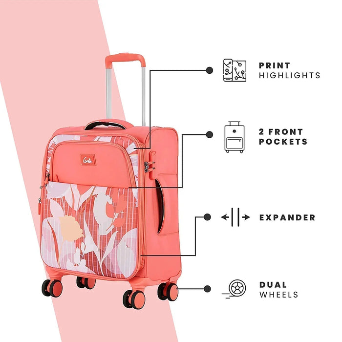 Trolley Bag Small Size, 57 cms Pink Printed Soft Luggage Travel Bag for Women, 8 Wheel Small Luggage Suitcase for Travelling, Cabin-Friendly Small Suitcase